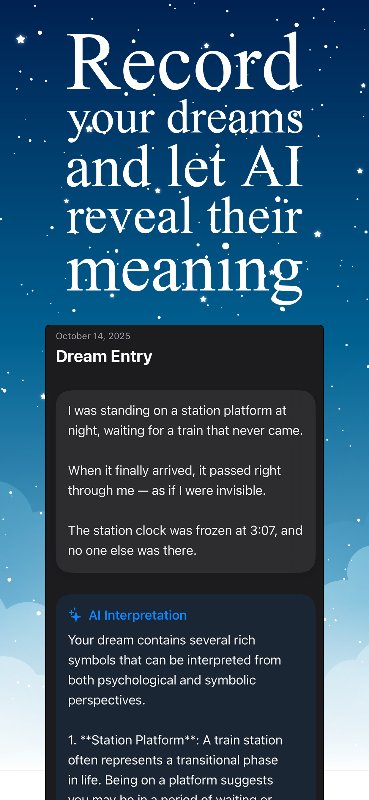 AI dream interpretation screen showing meaning analysis