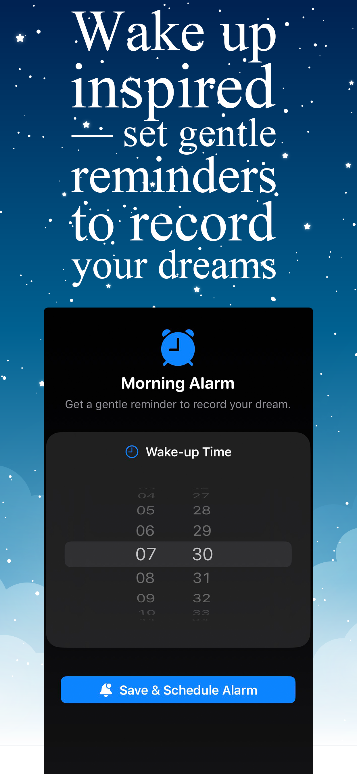 Morning alarm reminder screen for recording dreams