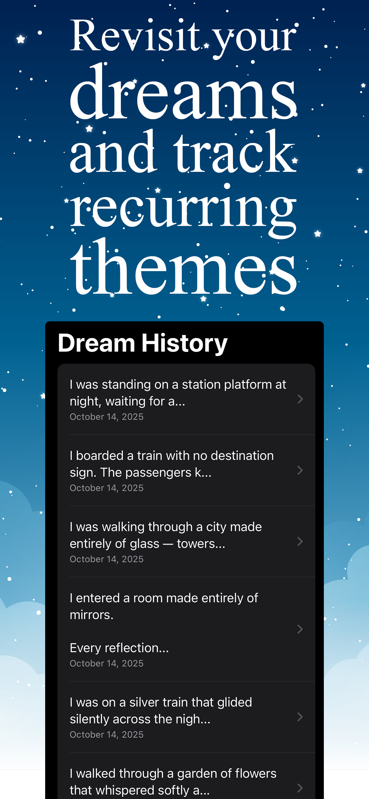 Dream history screen showing past dream entries